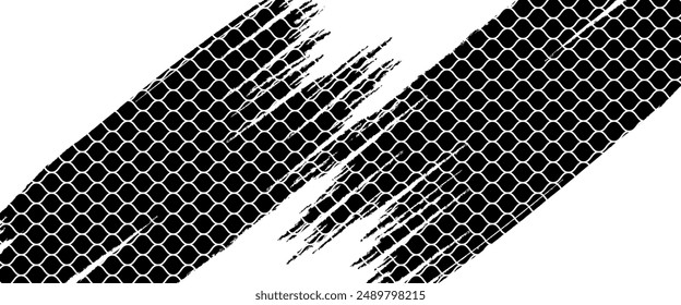 Tire tread marks, wheel textures, tire marks - car racing, motocross, drift, rally, off-road and others. Vector black isolated texture in grunge style with splashes. Black and white monochrome se