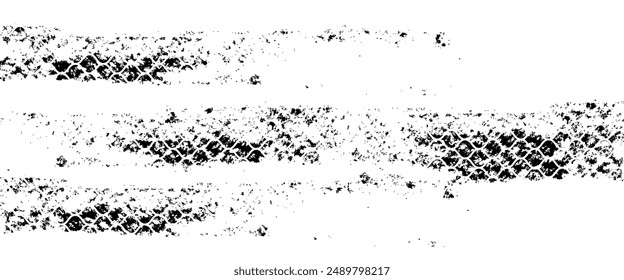 Tire tread marks, wheel textures, tire marks - car racing, motocross, drift, rally, off-road and others. Vector black isolated texture in grunge style with splashes. Black and white monochrome se