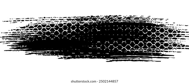 Tire tread marks, wheel textures, tire marks - car racing, motocross, drift, rally, off-road and others. Vector black isolated texture in grunge style with splashes. Black and white monochrome se