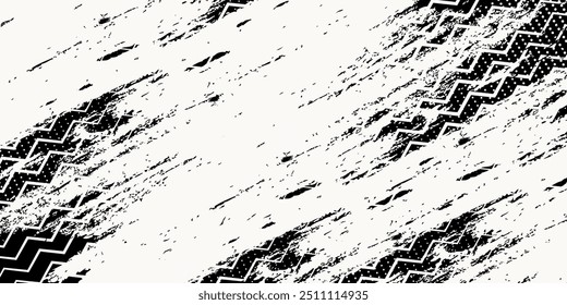Tire tread marks, wheel textures, tire marks - car racing, motocross, drift, rally, off-road and others. Vector black isolated texture in grunge style
