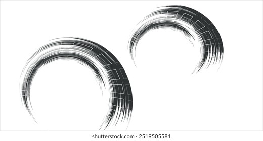 Tire tread marks, wheel textures, tire marks - car racing, motocross, drift, rally, off-road and others. Vector black isolated texture in grunge style with