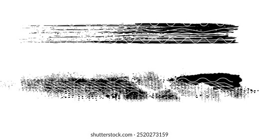 Tire tread marks, wheel textures, tire marks - car racing, motocross, drift, rally, off-road and others. Vector black isolated texture in grunge style with splashes	