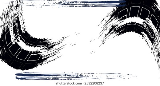 Marcas de piso de pneus, texturas de rodas, marcas de pneus - corridas de automóveis, motocross, deriva, rally, off-road e outros. Textura isolada em preto vetorial em estilo grunge com