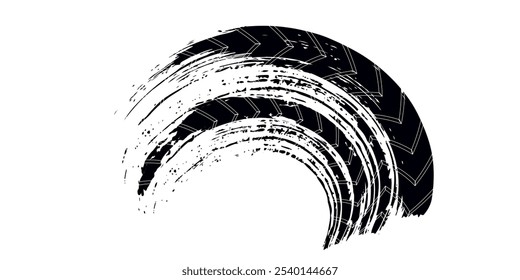 Tire tread marks, wheel textures, tire marks - car racing, motocross, drift, rally, off-road and others. Vector black isolated texture in grunge style with