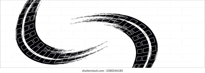 Tire tread marks, wheel textures, tire marks - car racing, motocross, drift, rally, off-road and others. Vector black isolated texture in grunge style with