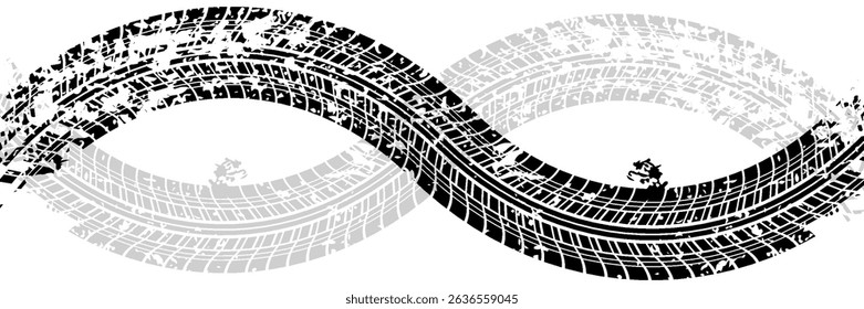 Tire tread marks, wheel textures, tire marks - car racing, motocross, drift, rally, off-road and others. Vector black isolated texture in grunge style with splashes.eps10