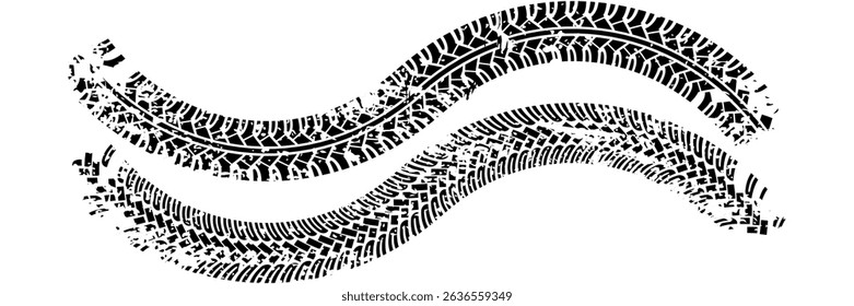 Tire tread marks, wheel textures, tire marks - car racing, motocross, drift, rally, off-road and others. Vector black isolated texture in grunge style with splashes.eps10