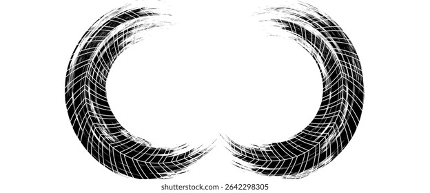 Marcas de la banda de rodadura de los neumáticos, texturas de las ruedas, marcas de neumáticos - carreras de coches, motocross, deriva, rally, off-road y otros. Vector negro textura aislada en estilo grunge con salpicaduras.