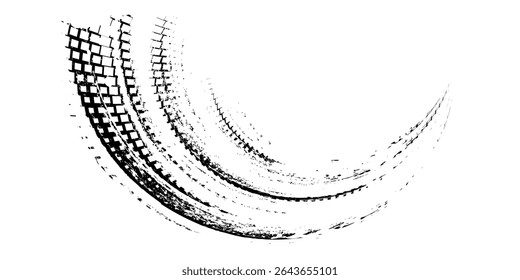 Tire tread marks, wheel textures, tire marks - car racing, motocross, drift, rally, off-road and others. Vector black isolated texture in grunge style eps 10