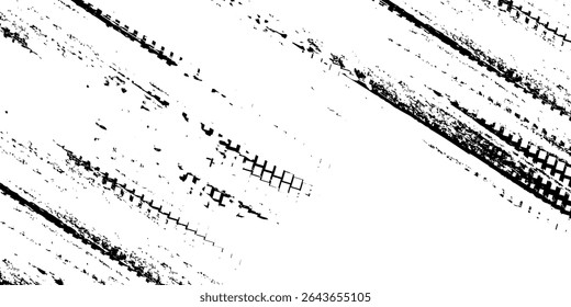 Tire tread marks, wheel textures, tire marks - car racing, motocross, drift, rally, off-road and others. Vector black isolated texture in grunge style