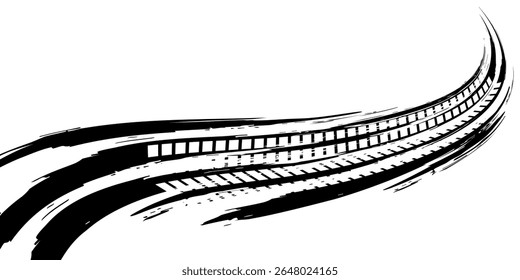 Tire tread marks, wheel textures, tire marks - car racing, motocross, drift, rally, off-road and others. Vector black isolated texture in grunge style with splashes.eps10