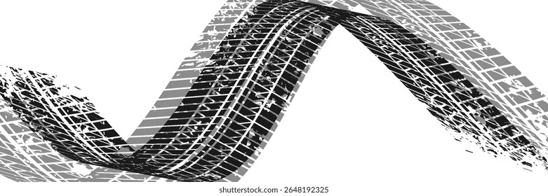 Tire tread marks, wheel textures, tire marks - car racing, motocross, drift, rally, off-road and others. Vector black isolated texture in grunge style with splashes.eps10