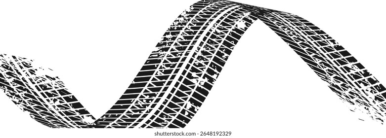 Tire tread marks, wheel textures, tire marks - car racing, motocross, drift, rally, off-road and others. Vector black isolated texture in grunge style with splashes.eps10