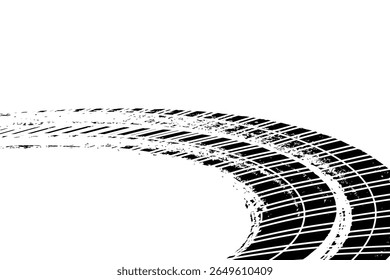 Tire tread marks, wheel textures, tire marks - car racing, motocross, drift, rally, off-road and others. Vector black isolated texture in grunge style with splashes.