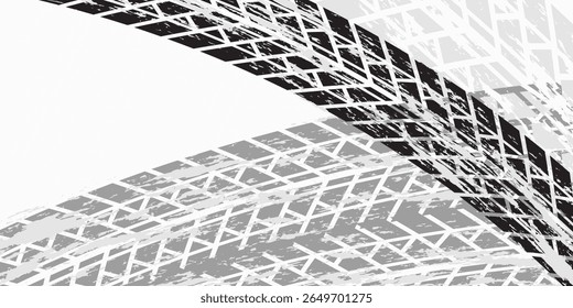 Marcas de la banda de rodadura de los neumáticos, texturas de las ruedas, marcas de neumáticos - carreras de coches, motocross, deriva, rally, off-road y otros. Vector negro textura aislada en estilo grunge con salpicaduras
