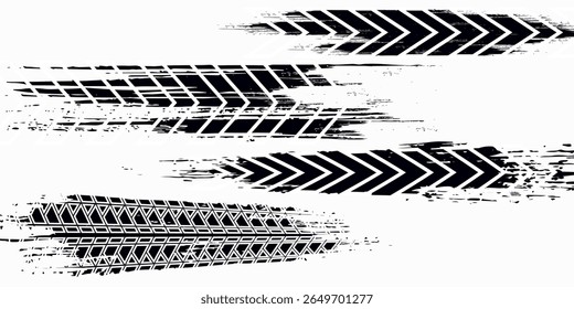 Marcas de la banda de rodadura de los neumáticos, texturas de las ruedas, marcas de neumáticos - carreras de coches, motocross, deriva, rally, off-road y otros. Vector negro textura aislada en estilo grunge con salpicaduras