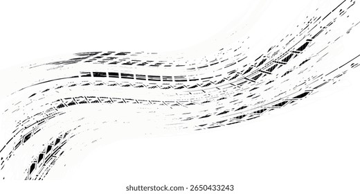 Tire tread marks, wheel textures, tire marks - car racing, motocross, drift, rally, off-road and others. Vector black isolated texture in grunge style with splashes.eps10