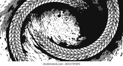 Tire tread marks, wheel textures, tire marks - car racing, motocross, drift, rally, off-road and others. Vector black isolated texture in grunge style with splashes.