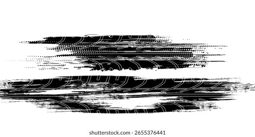 Marcas de la banda de rodadura de los neumáticos, texturas de las ruedas, marcas de neumáticos - carreras de coches, motocross, deriva, rally, off-road y otros. Vector negro textura aislada en estilo grunge con salpicaduras.eps10
