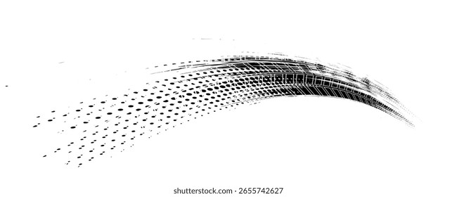 Tire tread marks, wheel textures, tire marks - car racing, motocross, drift, rally, off-road and others. Vector black isolated texture in grunge style with splashes.eps10