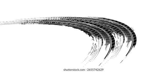 Marcas de la banda de rodadura de los neumáticos, texturas de las ruedas, marcas de neumáticos - carreras de coches, motocross, deriva, rally, off-road y otros. Vector negro textura aislada en estilo grunge con salpicaduras.eps10