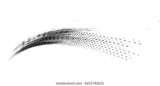 Marcas de la banda de rodadura de los neumáticos, texturas de las ruedas, marcas de neumáticos - carreras de coches, motocross, deriva, rally, off-road y otros. Vector negro textura aislada en estilo grunge con salpicaduras.eps10