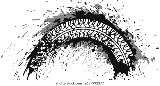Marcas de la banda de rodadura de los neumáticos, texturas de las ruedas, marcas de neumáticos - carreras de coches, motocross, deriva, rally, off-road y otros. Vector negro textura aislada en estilo grunge con salpicaduras.eps10	
