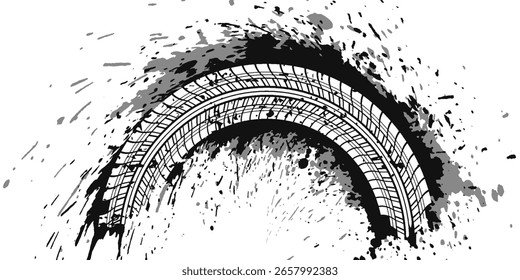 Tire tread marks, wheel textures, tire marks - car racing, motocross, drift, rally, off-road and others. Vector black isolated texture in grunge style with splashes.eps10	
