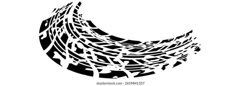 Marcas de la banda de rodadura de los neumáticos, texturas de las ruedas, marcas de neumáticos - carreras de coches, motocross, deriva, rally, off-road y otros. Vector negro textura aislada en estilo grunge con salpicaduras.eps10