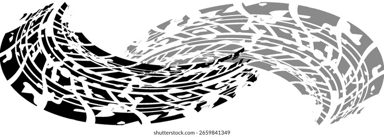 Tire tread marks, wheel textures, tire marks - car racing, motocross, drift, rally, off-road and others. Vector black isolated texture in grunge style with splashes.eps10