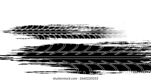 Tire tread marks, wheel textures, tire marks - car racing, motocross, drift, rally, off-road and others. Vector black isolated texture in grunge style with splashes.eps10
