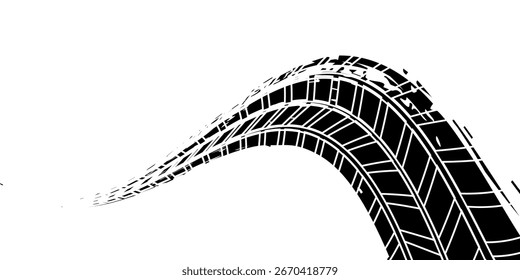 Tire tread marks, wheel textures, tire marks - car racing, motocross, drift, rally, off-road and others. Vector black isolated texture in grunge style with splashes.eps10