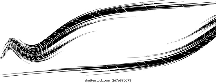 Marcas de la banda de rodadura de los neumáticos, texturas de las ruedas, marcas de neumáticos - carreras de coches, motocross, deriva, rally, off-road y otros. Vector negro textura aislada en estilo grunge con salpicaduras.eps10