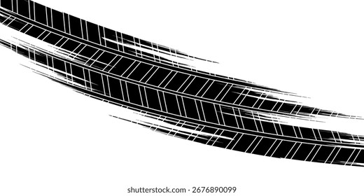 Marcas de piso de pneus, texturas de rodas, marcas de pneus - corridas de automóveis, motocross, deriva, rally, off-road e outros. Textura isolada em preto vetorial em estilo grunge com splashes.eps10