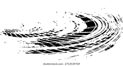 Marcas de piso de pneus, texturas de rodas, marcas de pneus - corridas de automóveis, motocross, deriva, rally, off-road e outros. Textura isolada em preto vetorial em estilo grunge com splashes.eps10