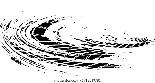 Marcas de piso de pneus, texturas de rodas, marcas de pneus - corridas de automóveis, motocross, deriva, rally, off-road e outros. Textura isolada em preto vetorial em estilo grunge com splashes.eps10