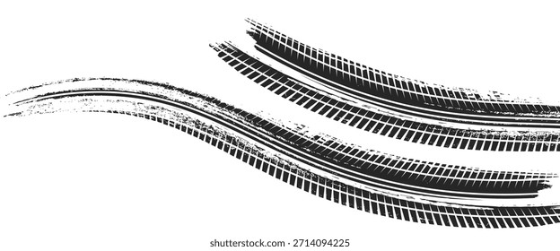 Marcas de la banda de rodadura de los neumáticos, texturas de las ruedas, marcas de neumáticos - carreras de coches, motocross, deriva, rally, off-road y otros. Vector negro textura aislada en estilo grunge eps 10

