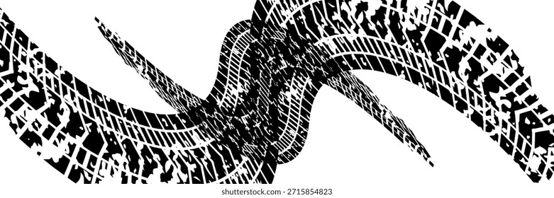 Tire tread marks, wheel textures, tire marks - car racing, motocross, drift, rally, off-road and others. Vector black isolated texture in grunge style with splashes.eps10