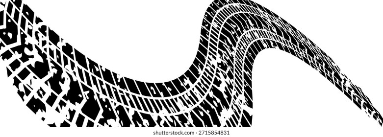 Tire tread marks, wheel textures, tire marks - car racing, motocross, drift, rally, off-road and others. Vector black isolated texture in grunge style with splashes.eps10