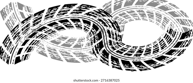 Marcas de la banda de rodadura de los neumáticos, texturas de las ruedas, marcas de neumáticos - carreras de coches, motocross, deriva, rally, off-road y otros. Vector negro textura aislada en estilo grunge con salpicaduras.eps10