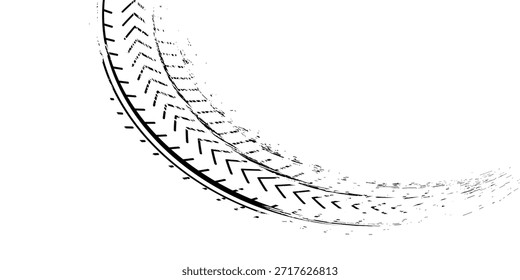 Marcas de la banda de rodadura de los neumáticos, texturas de las ruedas, marcas de neumáticos - carreras de coches, motocross, deriva, rally, off-road y otros. Vector negro textura aislada en estilo grunge con salpicaduras.eps10