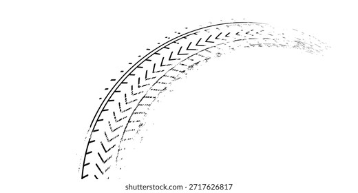 Marcas de la banda de rodadura de los neumáticos, texturas de las ruedas, marcas de neumáticos - carreras de coches, motocross, deriva, rally, off-road y otros. Vector negro textura aislada en estilo grunge con salpicaduras.eps10