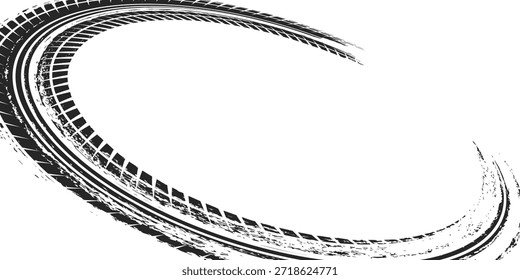 Marcas de la banda de rodadura de los neumáticos, texturas de las ruedas, marcas de neumáticos - carreras de coches, motocross, deriva, rally, off-road y otros. Vector negro textura aislada en estilo grunge con salpicaduras.eps10


