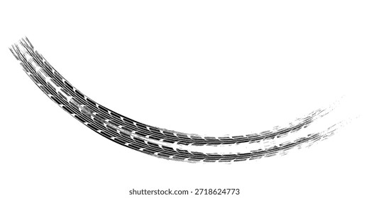 Marcas de la banda de rodadura de los neumáticos, texturas de las ruedas, marcas de neumáticos - carreras de coches, motocross, deriva, rally, off-road y otros. Vector negro textura aislada en estilo grunge con salpicaduras.eps10

