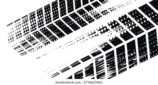 Tire tread marks, wheel textures, tire marks - car racing, motocross, drift, rally, off-road and others. Vector black isolated texture in grunge style with splashes.eps10