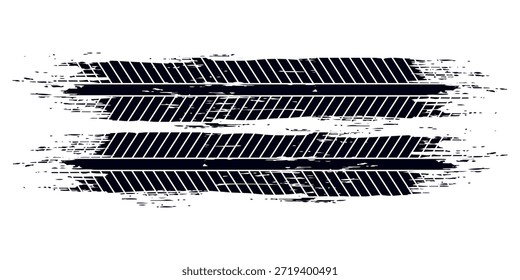 Marcas de la banda de rodadura de los neumáticos, texturas de las ruedas, marcas de neumáticos - carreras de coches, motocross, deriva, rally, off-road y otros. Vector negro textura aislada en estilo grunge con salpicaduras.eps10
