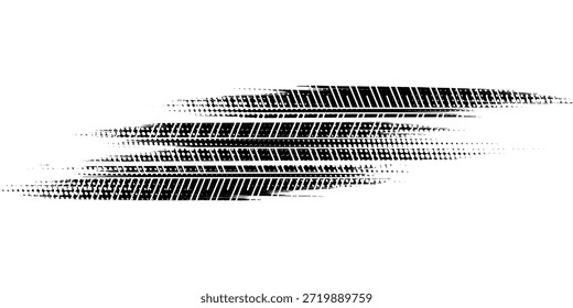 Tire tread marks, wheel textures, tire marks - car racing, motocross, drift, rally, off-road and others. Vector black isolated texture in grunge style with splashes.eps10
