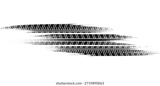 Tire tread marks, wheel textures, tire marks - car racing, motocross, drift, rally, off-road and others. Vector black isolated texture in grunge style with splashes.eps10