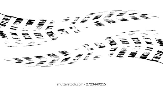 Marcas de la banda de rodadura de los neumáticos, texturas de las ruedas, marcas de neumáticos - carreras de coches, motocross, deriva, rally, off-road y otros. Vector negro textura aislada en estilo grunge con salpicaduras.eps10