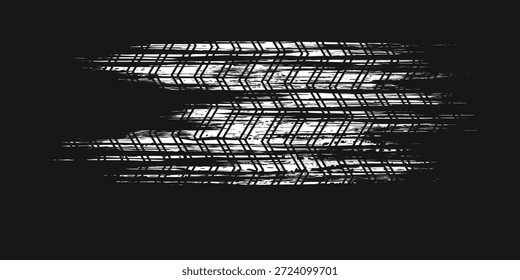 Marcas de la banda de rodadura de los neumáticos, texturas de las ruedas, marcas de neumáticos - carreras de coches, motocross, deriva, rally, off-road y otros. Vector negro textura aislada en estilo grunge con salpicaduras.eps10